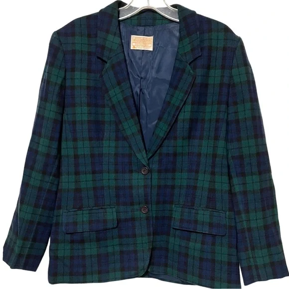 Pendleton Vintage ‘80’s Green Navy Tartan Plaid 100% Virgin Wool Blazer Jacket - Picture 3 of 14